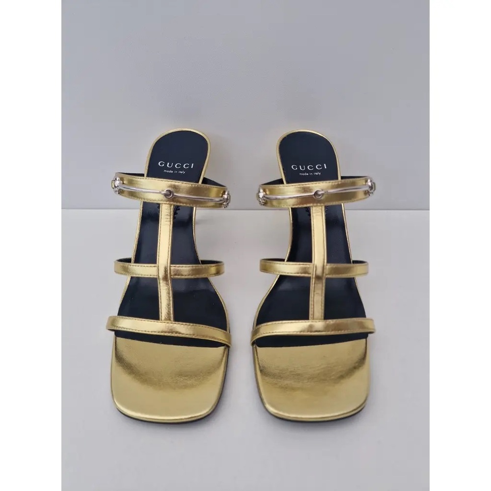 Gucci Gold Horsebit Metallic Gold Strappy Slide Sandals